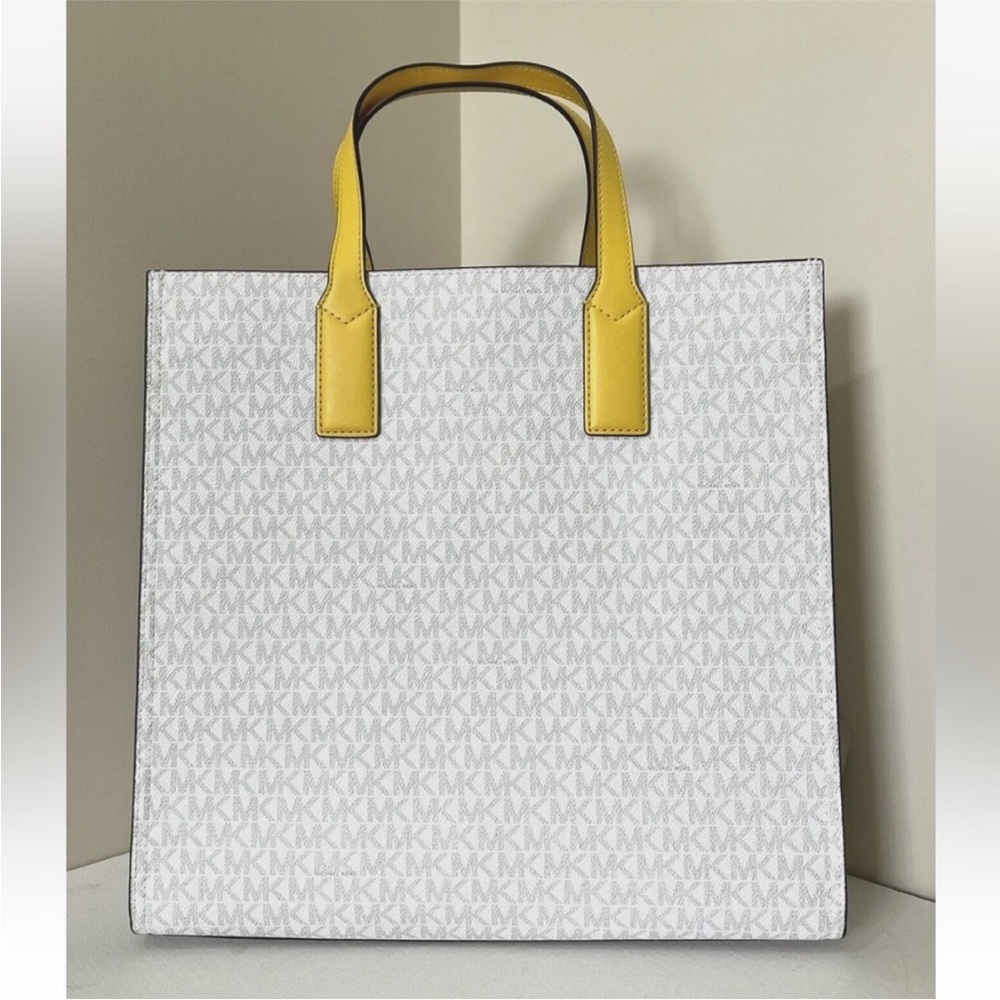 Michael Kors Kenly Large North South Tote White MK Signature Citrus Yellow - Picture 7 of 10